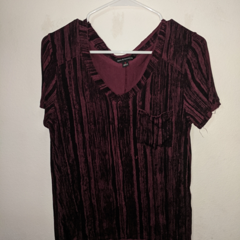 Deep red and black v-neck shirt